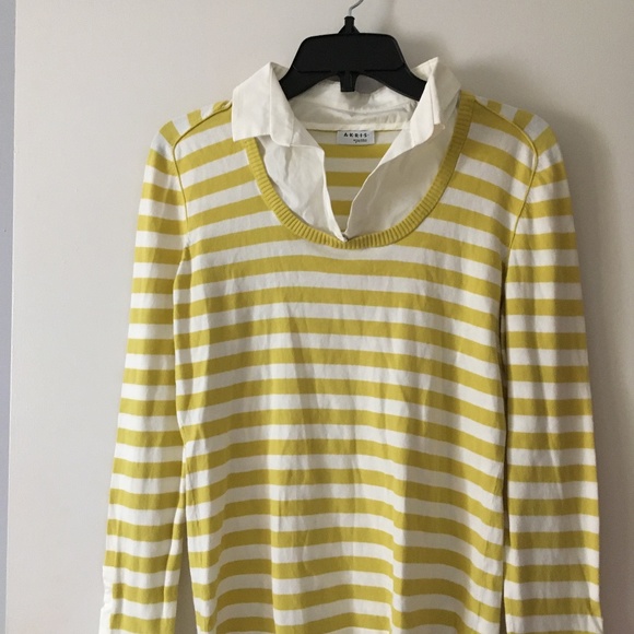 AKRIS PUNTO Yellow + White Stripe Cotton Sweater w/ Detachable Collar 8 M - Picture 2 of 7